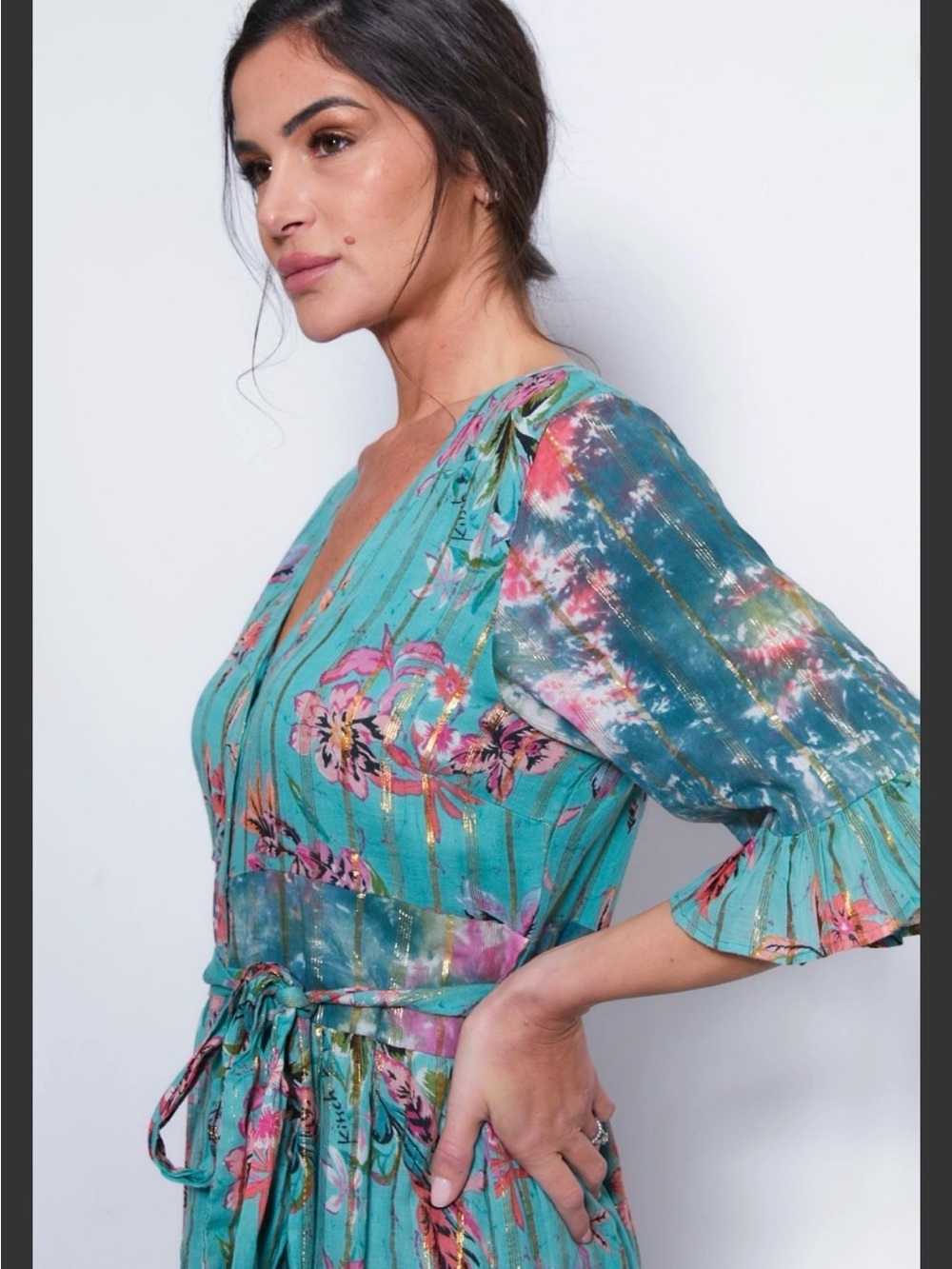 FR43. From France 🇫🇷 Turquoise Floral V-Neck Maxi Dress - Picture 2 of 2
